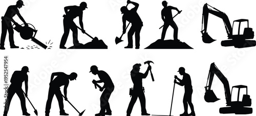 Construction worker silhouettes set with tools and excavator, manual laborers digging, hammering, drilling, industrial work activities vector illustration isolated on white background