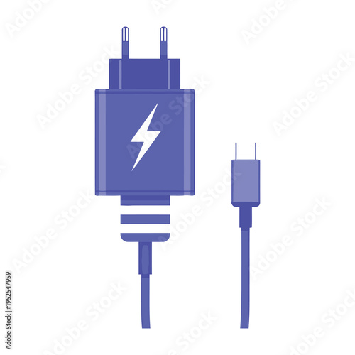 Purple usb type c charger and cable with lightning bolt symbol on a clean white background for modern tech