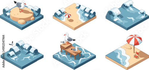 Isometric beach island collection with ocean waves seagulls umbrella sand summer vacation travel vector illustration set