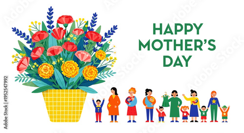 Happy Mother's Day Greeting Card Illustration with a Large Flower Bouquet and a Group of Diverse Mothers and Children Representing Different Stages of Motherhood