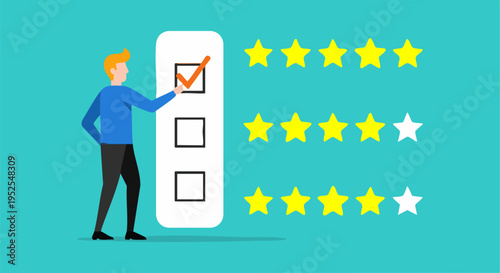Customer feedback and satisfaction rating vector illustration with a man checking a box and three rows of yellow stars, ideal for review systems, surveys, and service quality