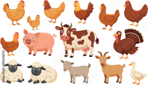 Set of cute cartoon farm animal characters including cow pig sheep goat chicken turkey duck and hen