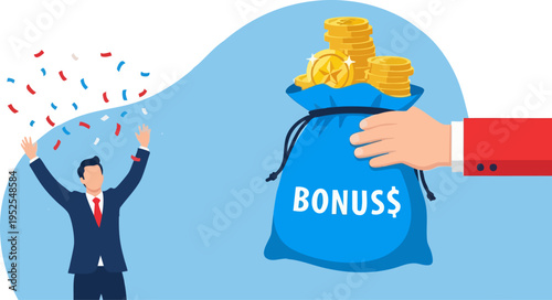Happy Businessman Celebrating Bonus with Confetti and Hand Giving Money Bag Vector Illustration for Financial Success and Reward
