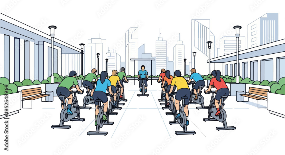 Obraz premium Outdoor Spin Class Group Cycling Exercise in Urban Cityscape Background