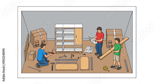 Family assembling flat-pack furniture in a room, DIY home improvement, step-by-step instructions