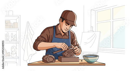 Artist Sculpting Clay Figure in Studio Workshop
