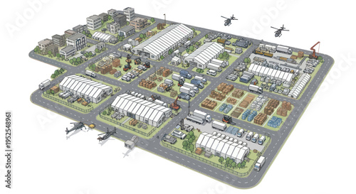 Aerial View of Military Base Camp with Tents, Vehicles, and Helicopters