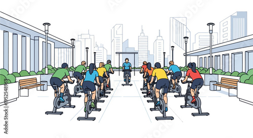 Outdoor Spin Class Group Cycling Exercise in Urban Cityscape Background