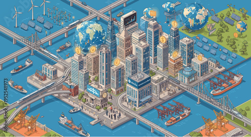 Global Smart City Isometric View with Renewable Energy and Logistics