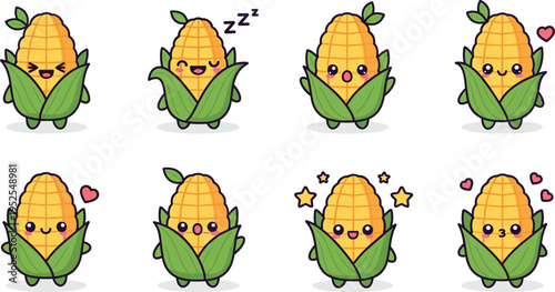 Cute corn character collection with different emotions kawaii vegetable cartoon icons funny food mascot vector illustration set