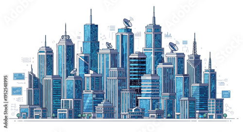 Futuristic Digital Cityscape with Blue Skyscrapers and Data Streams