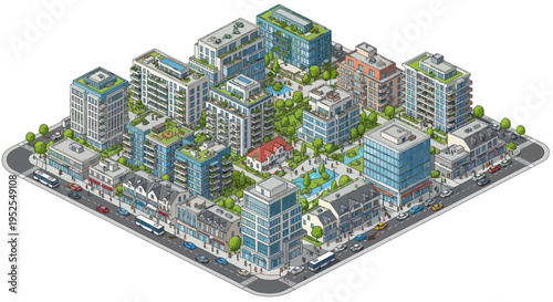 Pixel Art Isometric Cityscape: Modern Buildings, Green Spaces, Urban Life