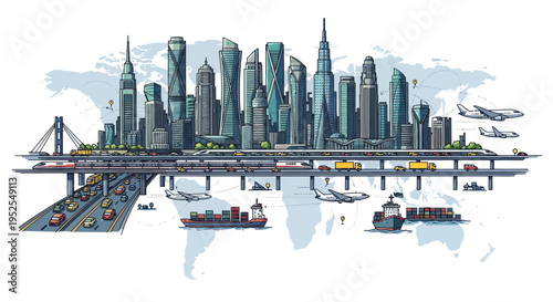Modern cityscape with global transportation network on world map background
