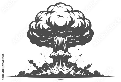 A massive nuclear explosion with a large mushroom cloud rising high into the air with debris and smoke