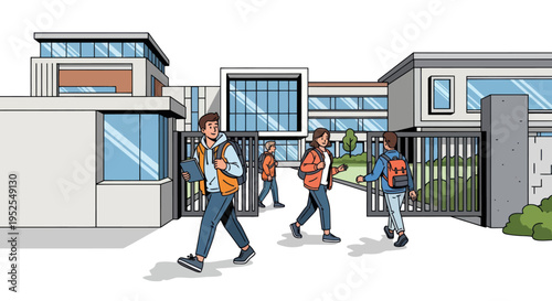Students with backpacks entering modern school building gates, illustration