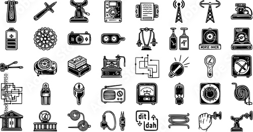 Black  White Vintage Technology and Communication Icons Collection. Hand-drawn Engraved Line Art Symbols for Electronics, Electrical Engineering, and Science