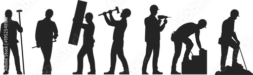 Construction worker silhouettes set with tools, builders drilling hammering carrying materials and digging, industrial labor workforce vector illustration isolated on white background