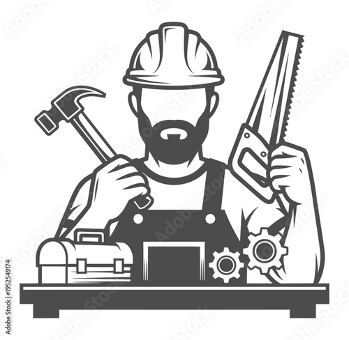 A construction worker holding a hammer and a piece of wood