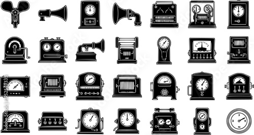Vintage Electrical and Scientific Instruments Glyph Icons. Retro Technology Gauges, Meters, and Industrial Devices Black and White Set.