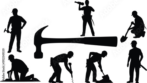 Construction worker silhouettes vector set with hammer tool concept, builder labor poses drilling digging activities, industrial job site workers, black silhouette illustration collection