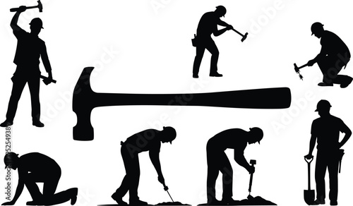 Construction worker silhouettes vector set with hammer tool concept, builder labor poses striking drilling digging activities, industrial job site workers, black silhouette illustration
