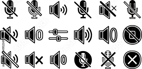 Set of Black and White Glyph Style Technology Icons for Mute, Volume, Microphone, and Audio Control in User Interface