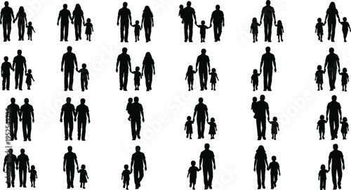 Collection of family silhouettes walking together, parents with children in various poses, parenting and togetherness concept, minimal black illustration set