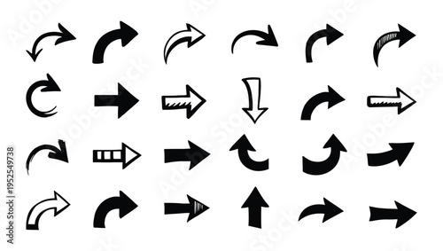 Collection of various black arrows on white background for directional indicators