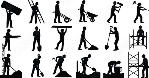 Construction worker silhouettes vector set, builders carrying materials climbing ladder digging shoveling working on scaffold, industrial labor collection, black worker icons isolated