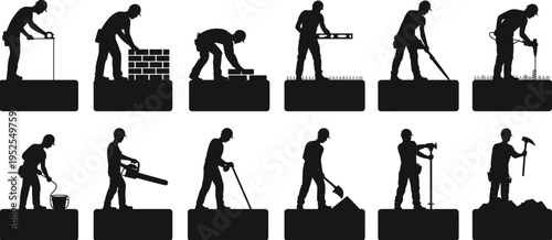 Construction worker silhouettes vector set, builders performing tasks bricklaying drilling leveling digging on site, industrial labor collection, black worker icons isolated