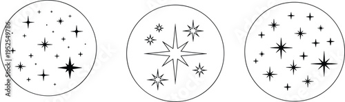 Minimalist celestial star sparkles in circle frames, mystical magic twinkling night sky vector icons