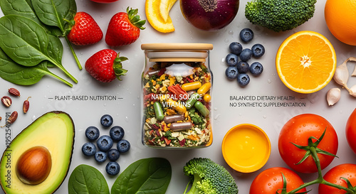 Nutritional supplement organic vitamins extracted from whole fresh garden fruits and raw vegetables promoting healthy vegan plant based diet for wellness vitality and immunity boost