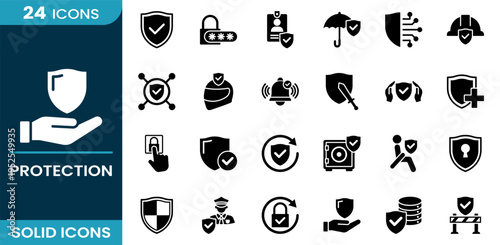 Protection icon set. Security shield, password lock, cyber protection, privacy control, safe system, insurance concept, user security access, data safety and more. Solid vector icons collection.
