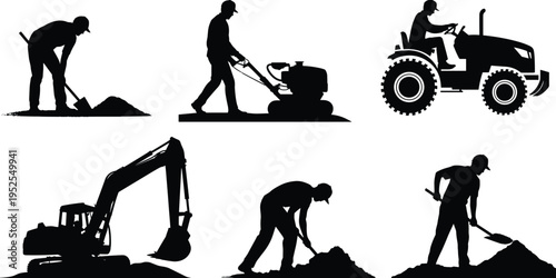 Construction worker silhouettes with machinery and tools, digging and excavation activities, industrial labor set, tractor and excavator operators, site work vector illustration