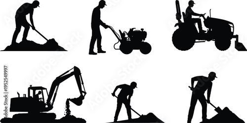 Construction worker silhouettes with machinery and tools, digging and excavation tasks, industrial labor set, tractor and excavator operators vector illustration collection