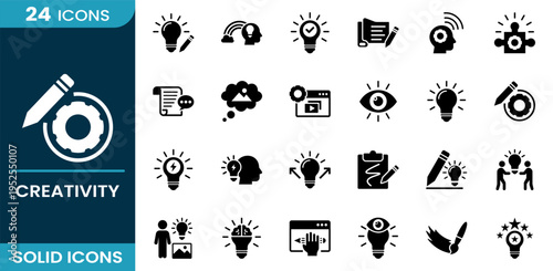 Creativity icon set. Idea concept, innovation process, brainstorming activity, creative thinking, design workflow, inspiration symbol, artistic tools, problem solving and more. Solid vector icons