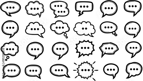 Black and White Line Art Speech Bubbles with Ellipsis for Communication and Dialogue Icons