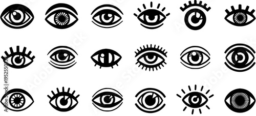 Diverse Black and White Eye Icons, Ophthalmology and Vision Symbol Set, Vector Art