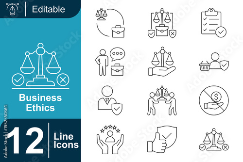 Business ethics icon set. Corporate responsibility policy, ethical leadership concept, compliance regulation practice, business integrity management, fair trade conduct and more. Line vector icons