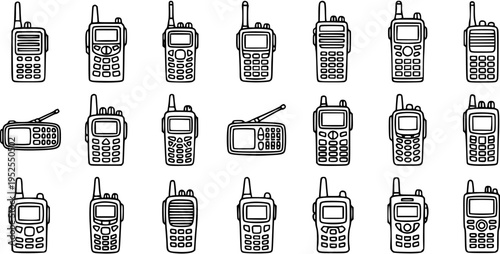 Black and White Line Art Illustration of Various Walkie-Talkies and Two-Way Radios for Technology