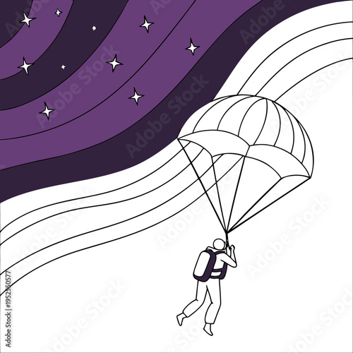 A person parachuting down towards the earth at nighttime freely