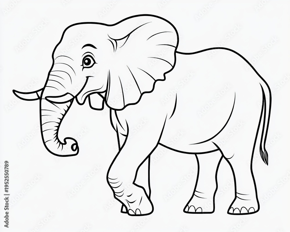 Fototapeta premium Charming Cartoon Elephant Outline for Kids to Color, Simple Design with Joyful Expression, Fun Art