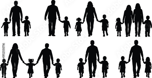 Silhouettes of families holding hands with children, parenting and togetherness concept, walking parents and kids, minimal black illustration isolated background