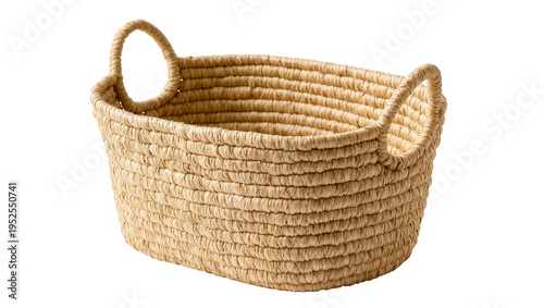 Photography Isolated natural woven straw basket with handles, empty and rustic, perfect for