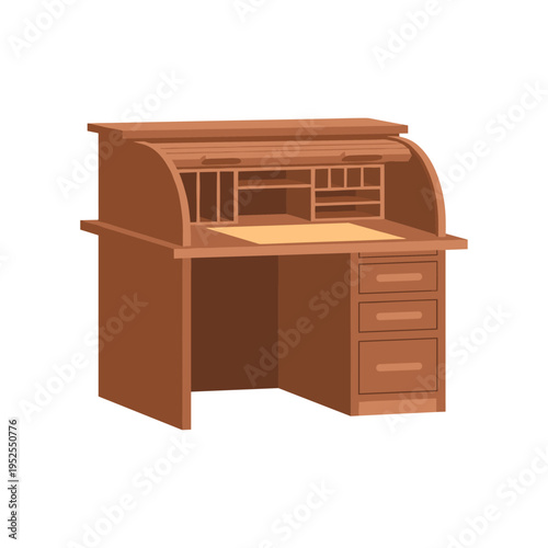 A brown desk with drawers and a roll top