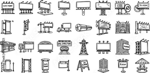 Black and White Line Art Icons of Various Billboards and Advertising Structures
