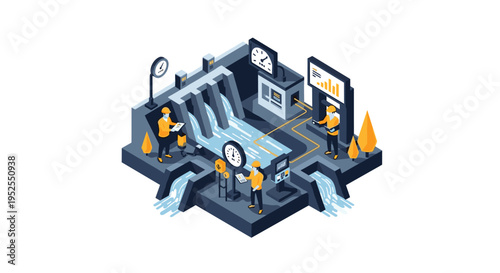 An isometric illustration depicts a hydroelectric power plant with water flowing through dams, monitored by four engineers on a white background.