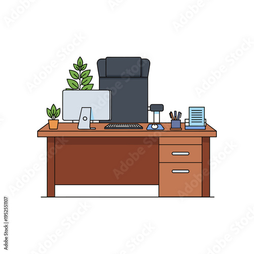 A brown office desk with a computer and office supplies