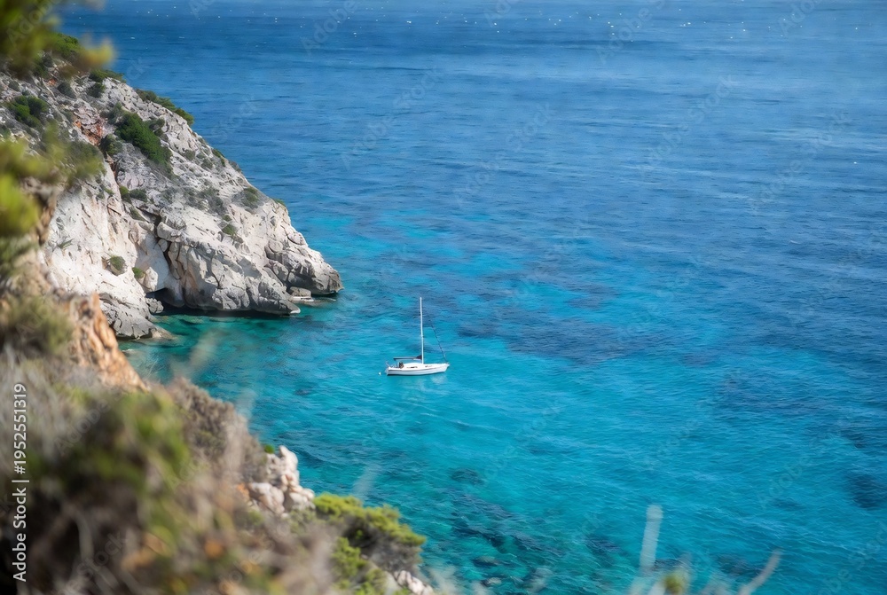 Obraz premium A sailboat rests in turquoise water near a rocky coastline.