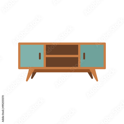 A wooden tv stand with two blue doors